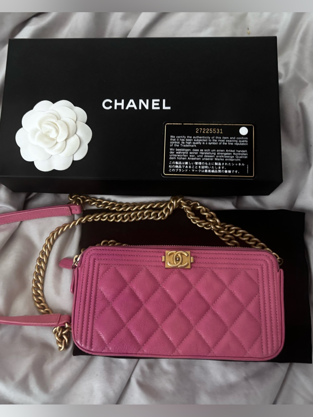 CHANEL Hot Pink Quilted Leather WOC Crossbody with Gold Chain and Box